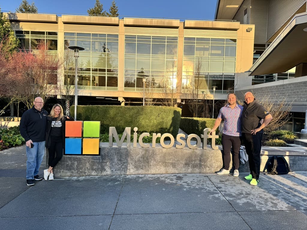Our team in from of the Microsoft sign at the Microsoft headquarters.