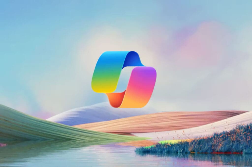 Microsoft Copilot logo floating over a colorful illustrated landscape